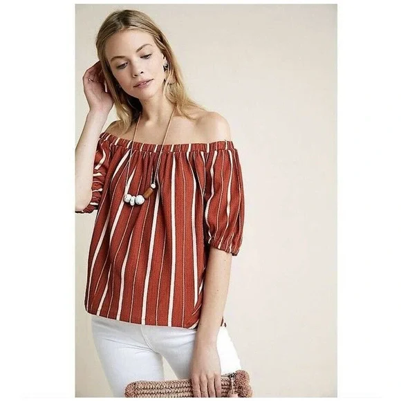 Anthropologie Womens Off The Shoulder Top Rust & White Stripe Elastic Neckline S - Picture 1 of 9